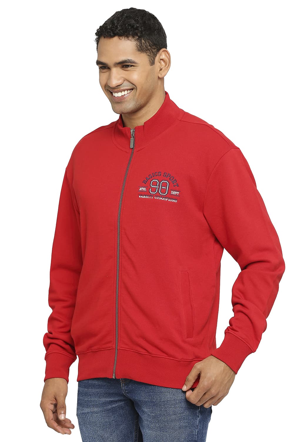 BASICS COMFORT FIT RED COTTON NON BRUSHED FLEECE HIGH NECK JACKET