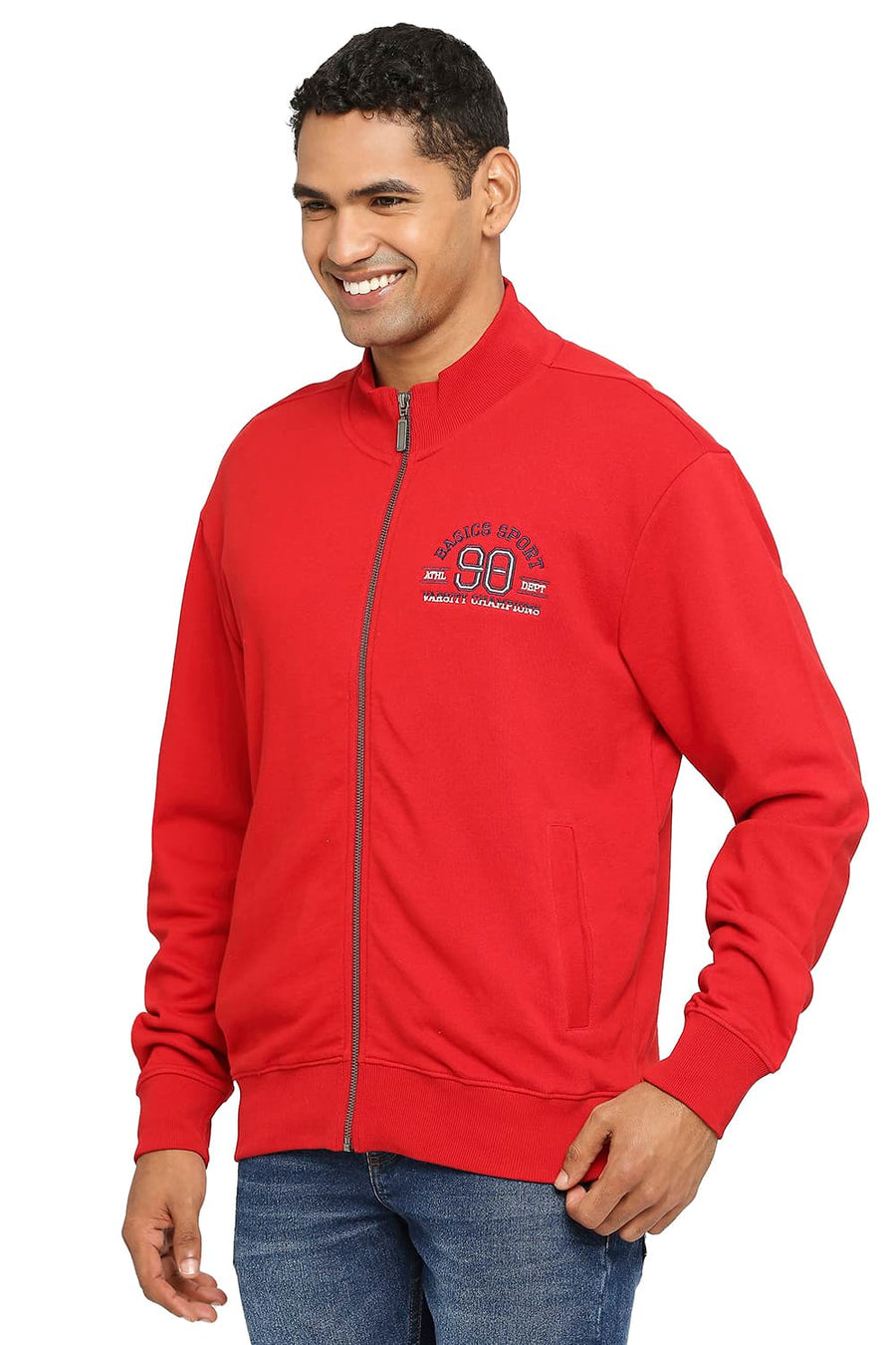 BASICS COMFORT FIT RED COTTON NON BRUSHED FLEECE HIGH NECK JACKET