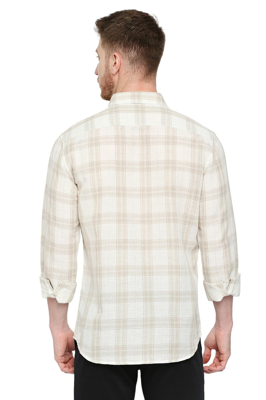 BASICS SLIM FIT SNOW WHITE COTTON LINEN CHECKS SHIRT