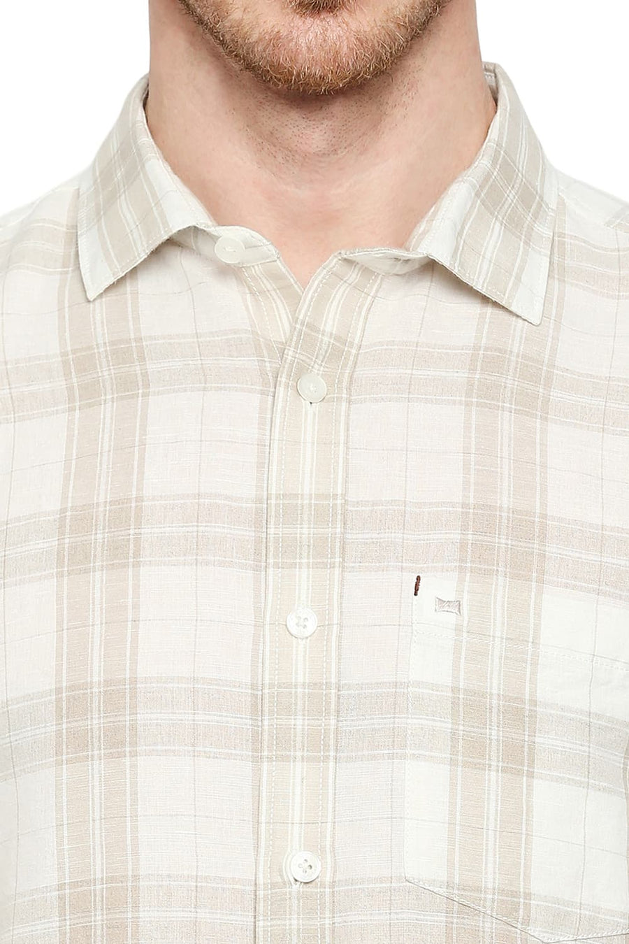 BASICS SLIM FIT SNOW WHITE COTTON LINEN CHECKS SHIRT
