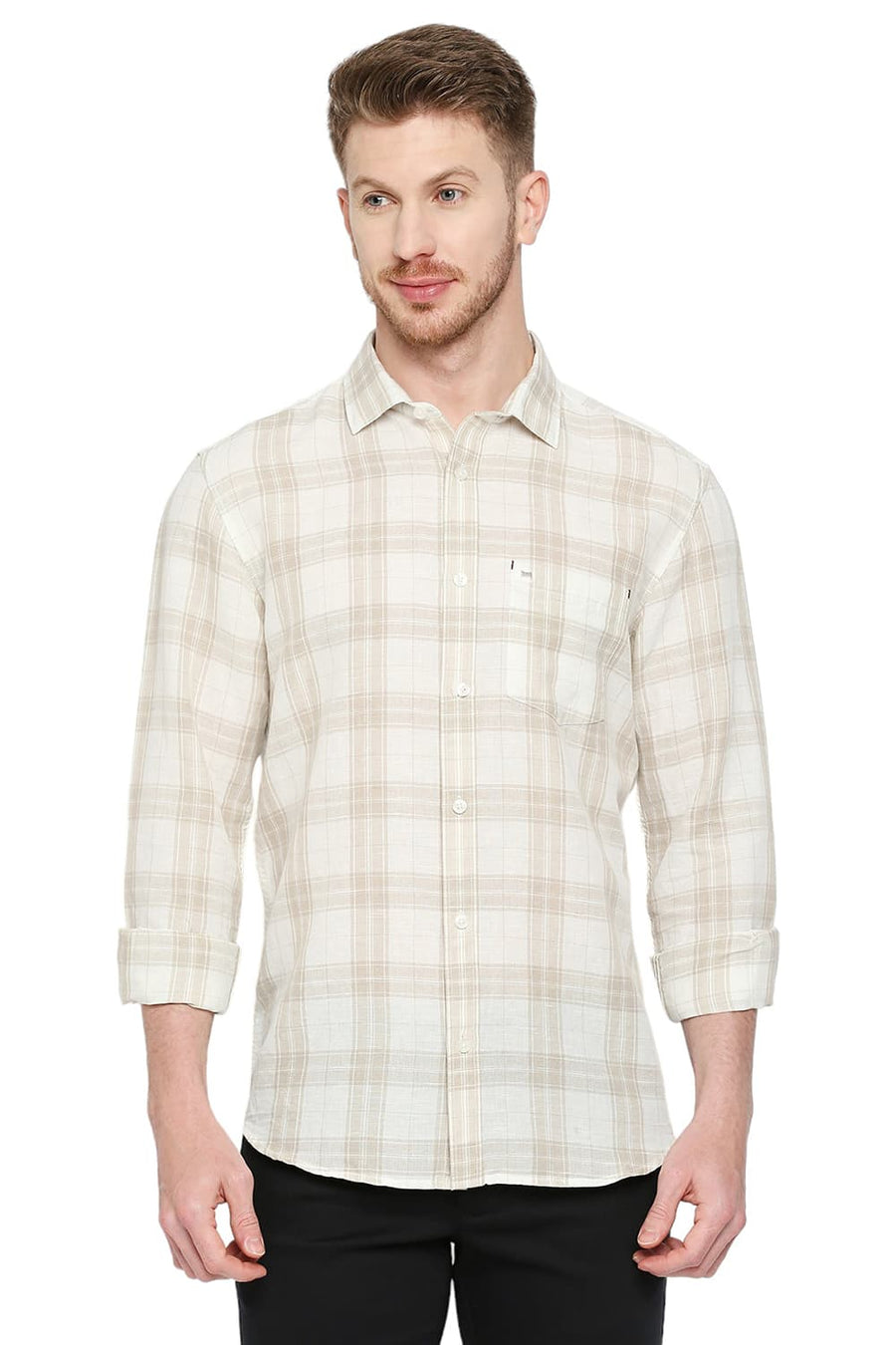 BASICS SLIM FIT SNOW WHITE COTTON LINEN CHECKS SHIRT