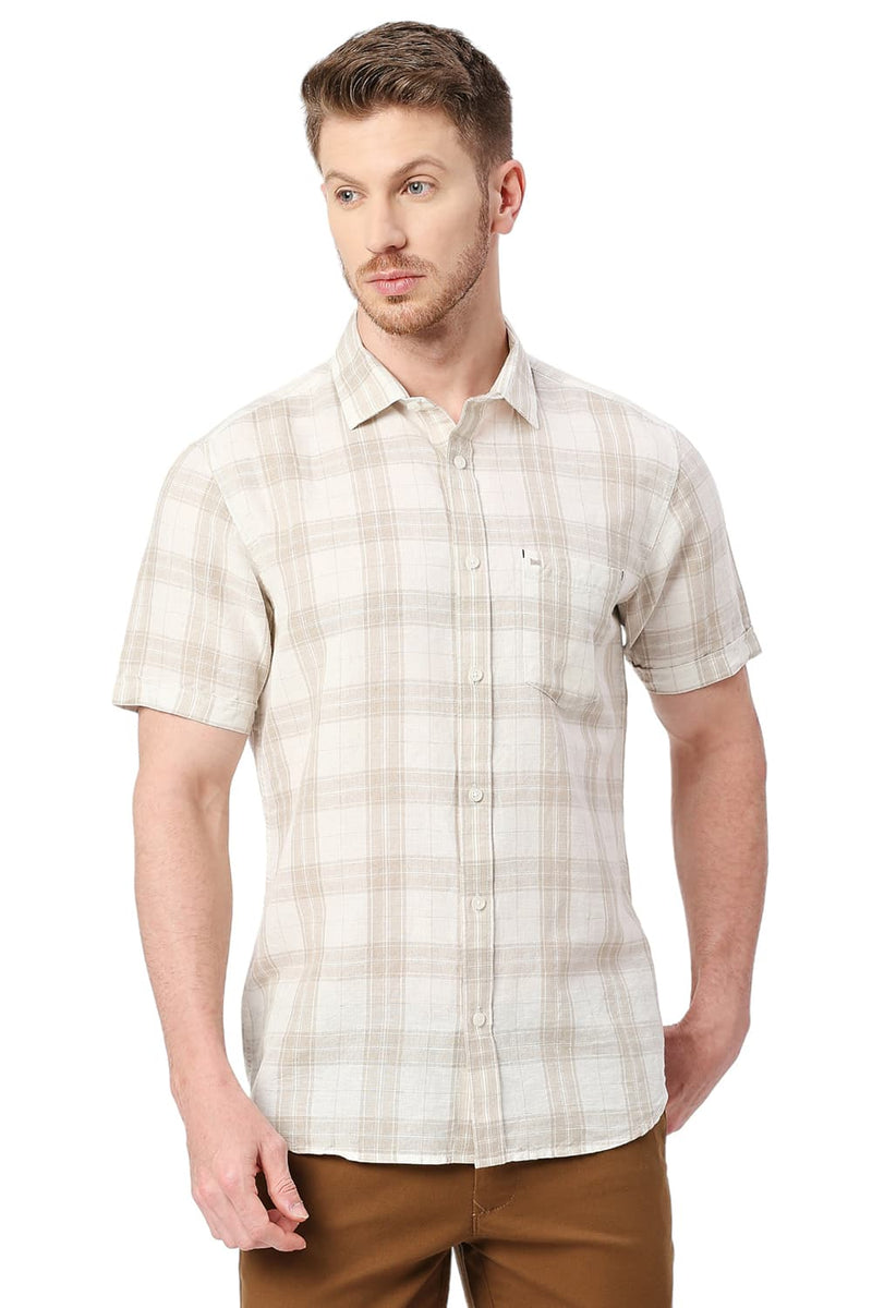 BASICS SLIM FIT COTTON LINEN CHECKS SHIRT