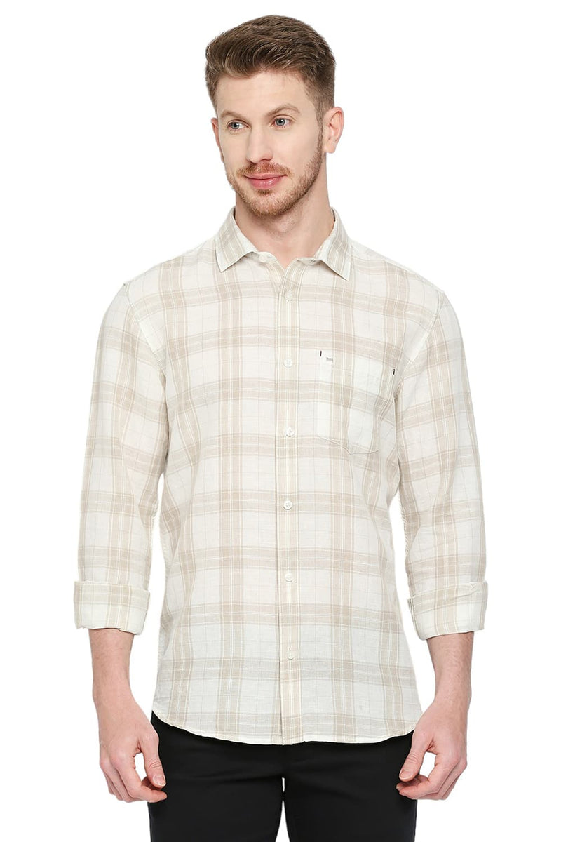 BASICS SLIM FIT COTTON LINEN CHECKS SHIRT