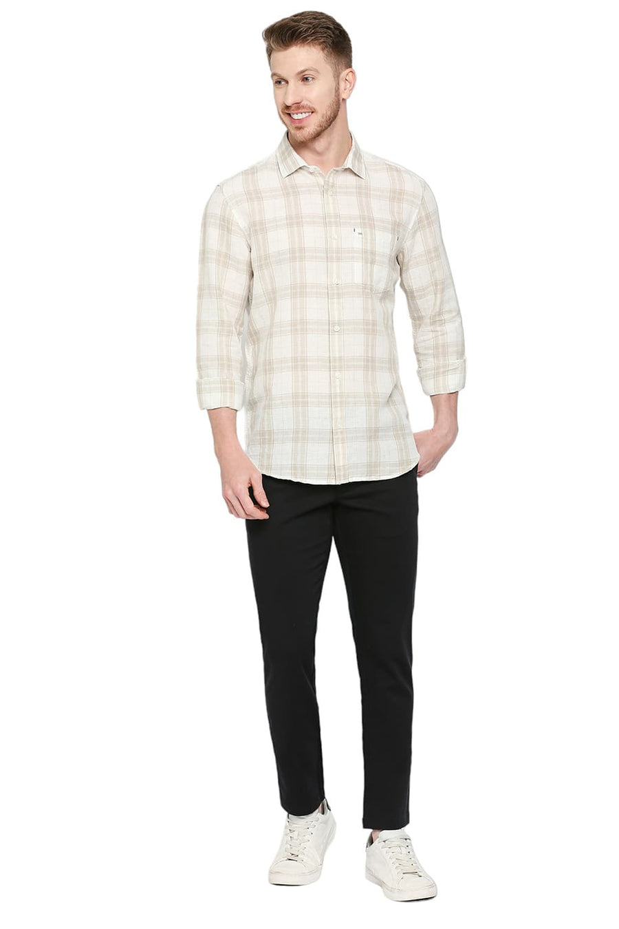 BASICS SLIM FIT SNOW WHITE COTTON LINEN CHECKS SHIRT