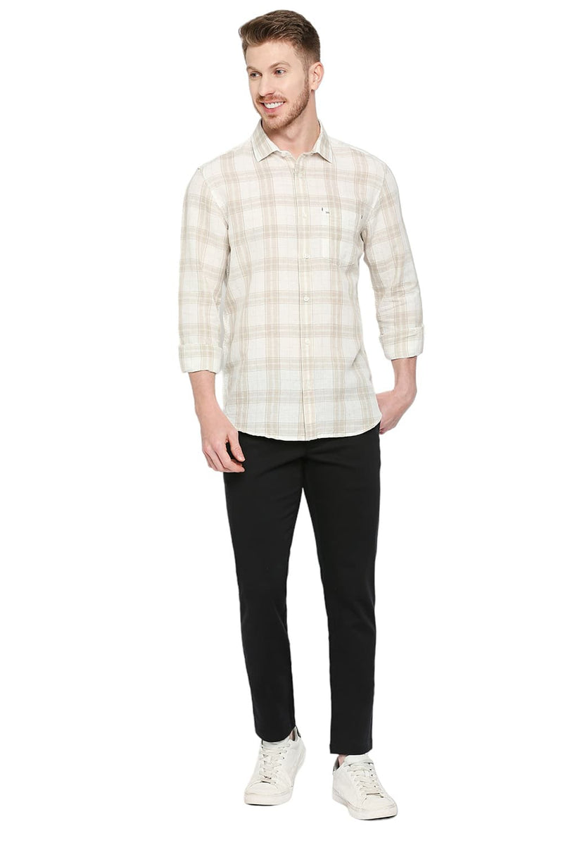 BASICS SLIM FIT COTTON LINEN CHECKS SHIRT