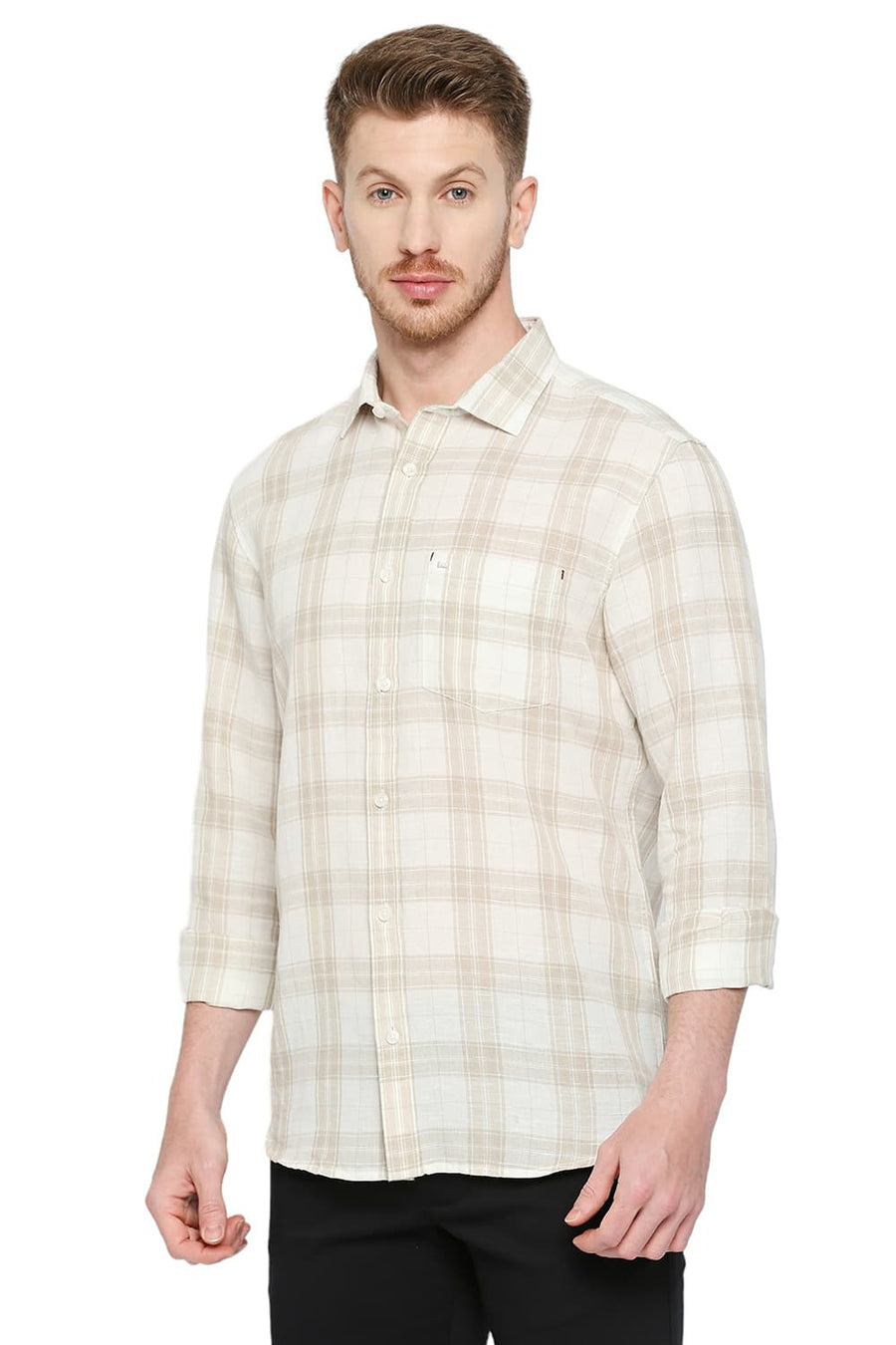 BASICS SLIM FIT SNOW WHITE COTTON LINEN CHECKS SHIRT