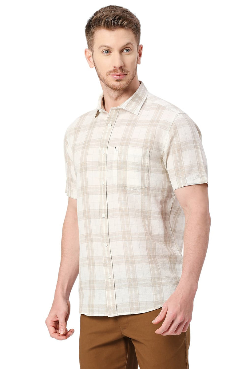 BASICS SLIM FIT COTTON LINEN CHECKS HALFSLEEVES SHIRT