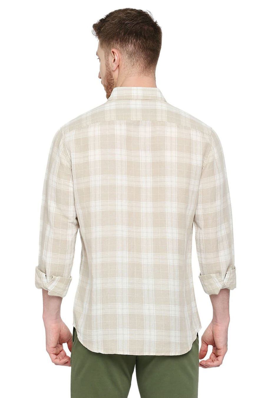 BASICS SLIM FIT SOYBEAN ECRU COTTON LINEN CHECKS SHIRT