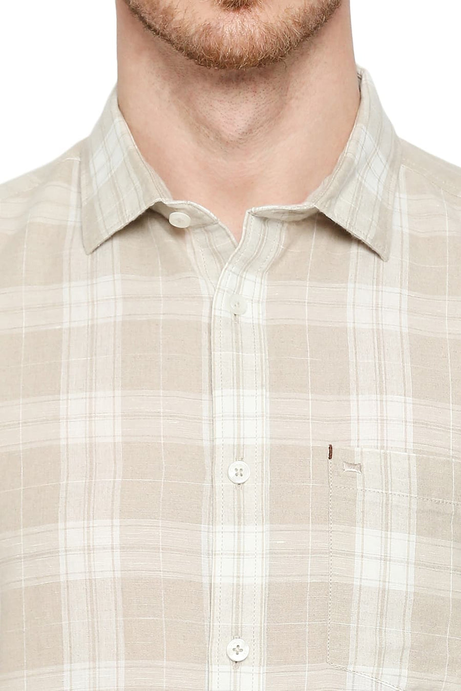 BASICS SLIM FIT SOYBEAN ECRU COTTON LINEN CHECKS SHIRT