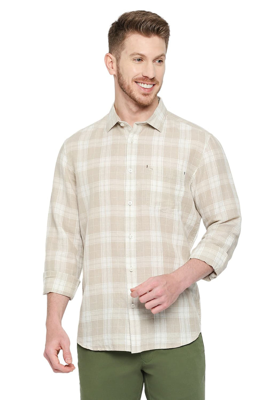 BASICS SLIM FIT SOYBEAN ECRU COTTON LINEN CHECKS SHIRT