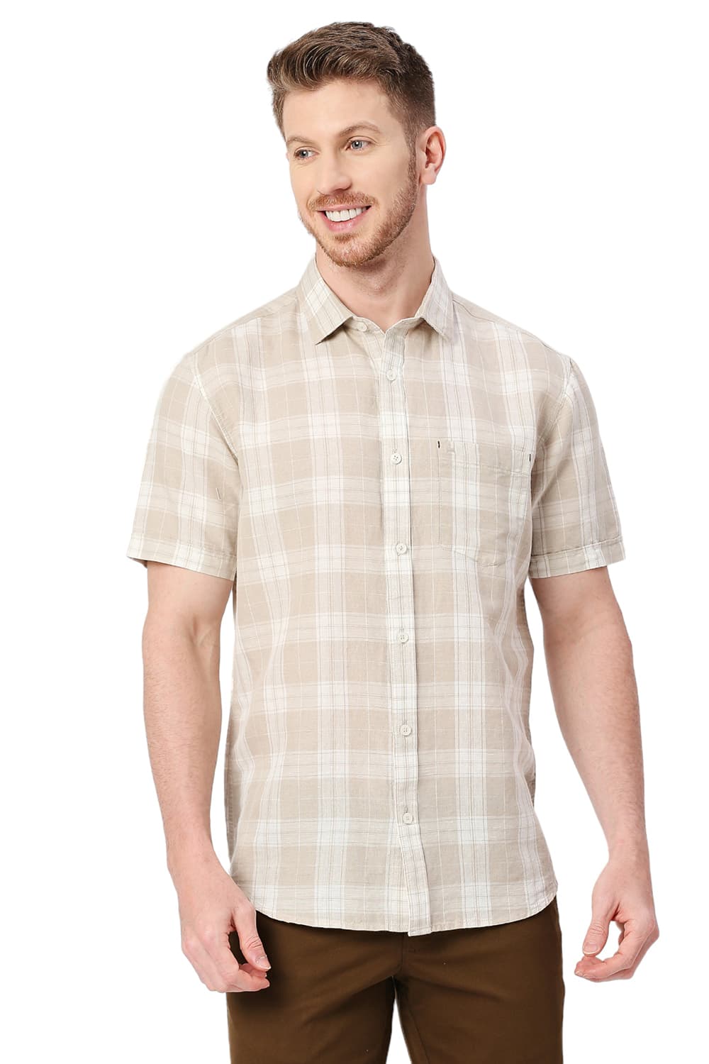 BASICS SLIM FIT COTTON LINEN CHECKS HALFSLEEVES SHIRT