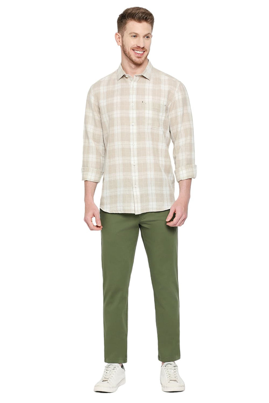 BASICS SLIM FIT SOYBEAN ECRU COTTON LINEN CHECKS SHIRT