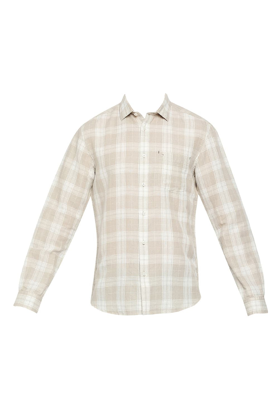 BASICS SLIM FIT SOYBEAN ECRU COTTON LINEN CHECKS SHIRT