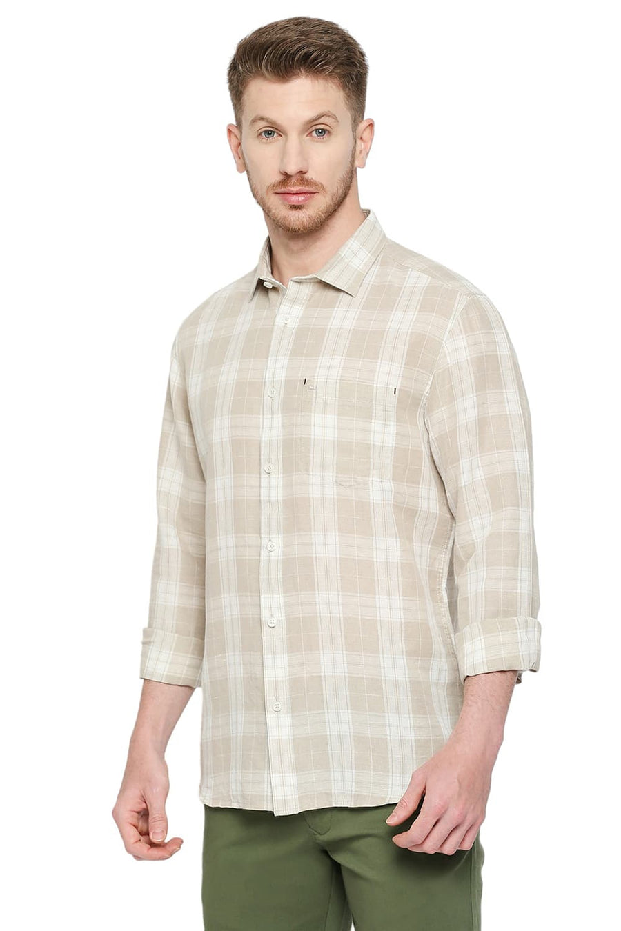 BASICS SLIM FIT SOYBEAN ECRU COTTON LINEN CHECKS SHIRT