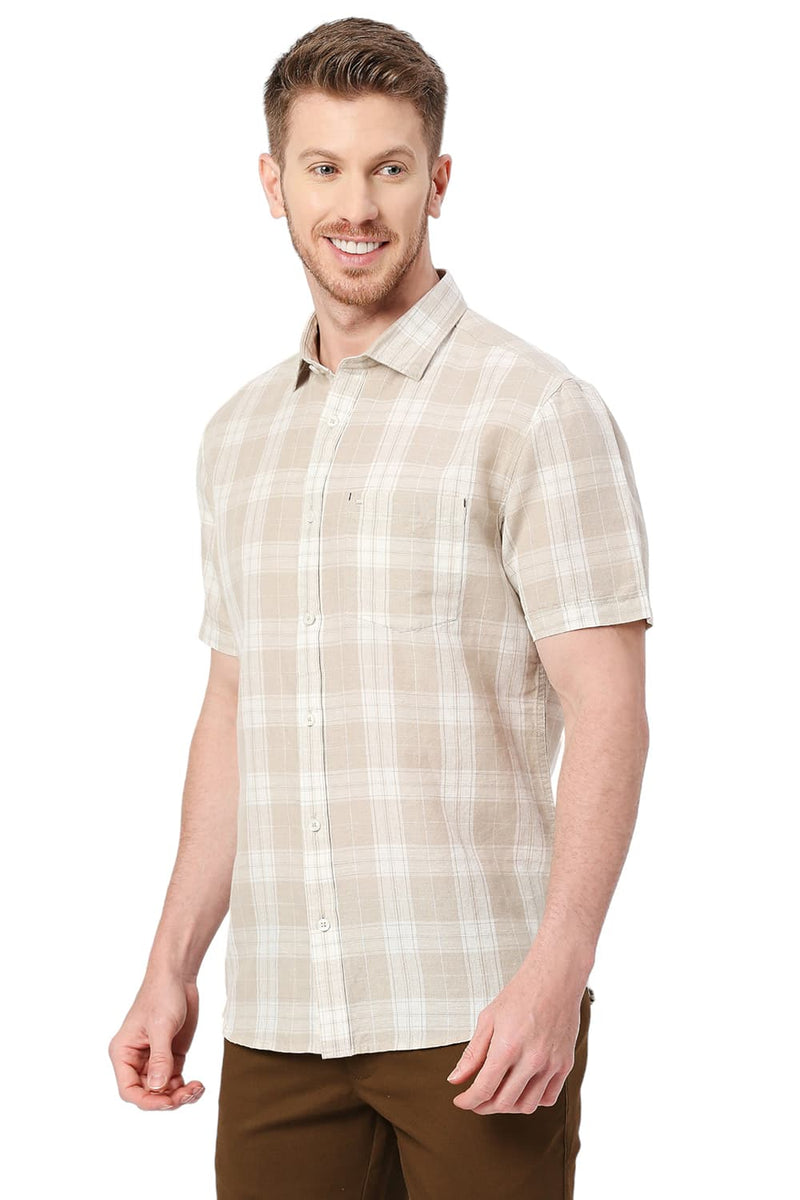 BASICS SLIM FIT COTTON LINEN CHECKS HALFSLEEVES SHIRT