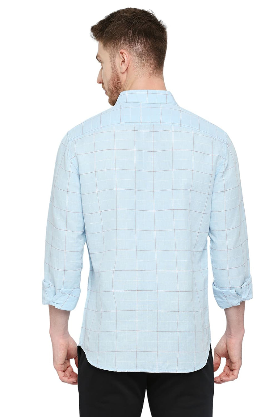 BASICS SLIM FIT SKYLIGHT BLUE COTTON LINEN CHECKS SHIRT