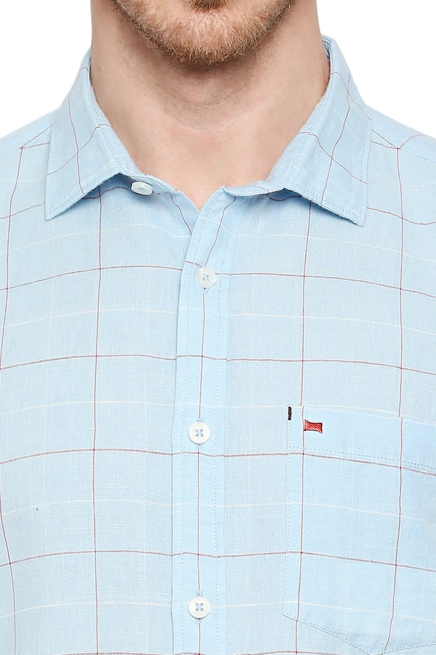BASICS SLIM FIT SKYLIGHT BLUE COTTON LINEN CHECKS SHIRT