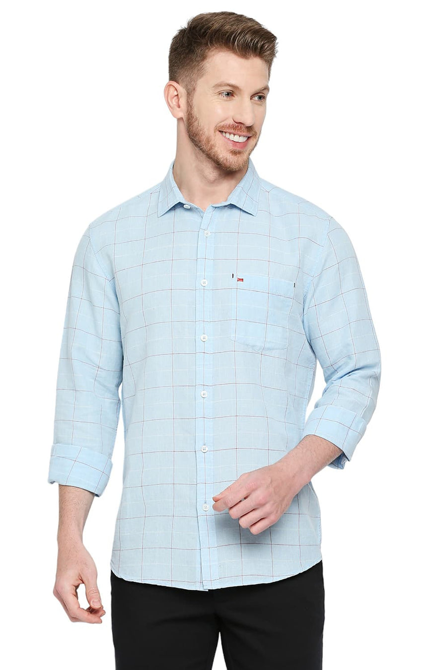 BASICS SLIM FIT SKYLIGHT BLUE COTTON LINEN CHECKS SHIRT
