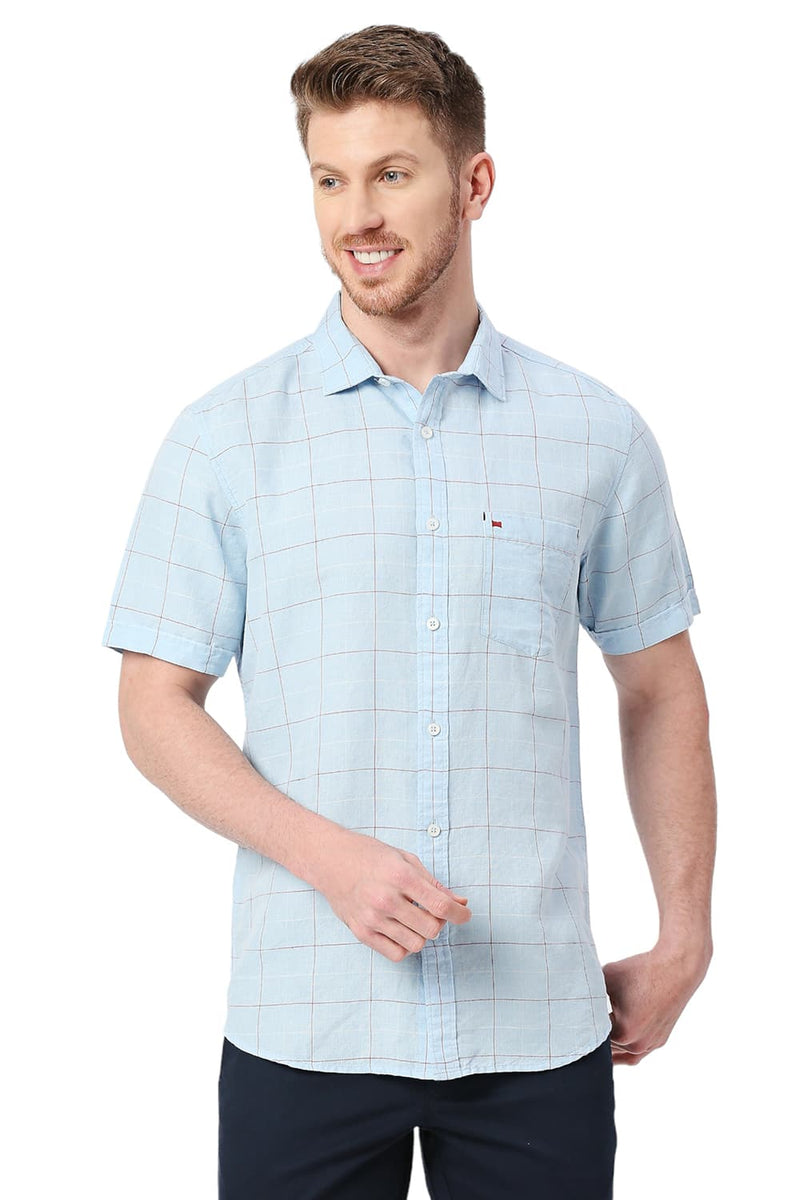 BASICS SLIM FIT COTTON LINEN CHECKS SHIRT