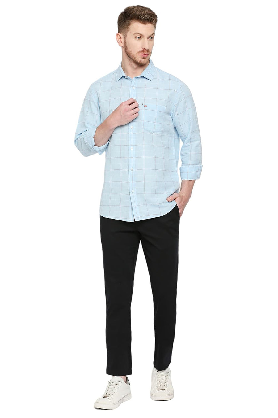 BASICS SLIM FIT SKYLIGHT BLUE COTTON LINEN CHECKS SHIRT