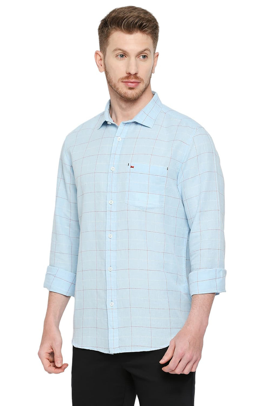 BASICS SLIM FIT SKYLIGHT BLUE COTTON LINEN CHECKS SHIRT