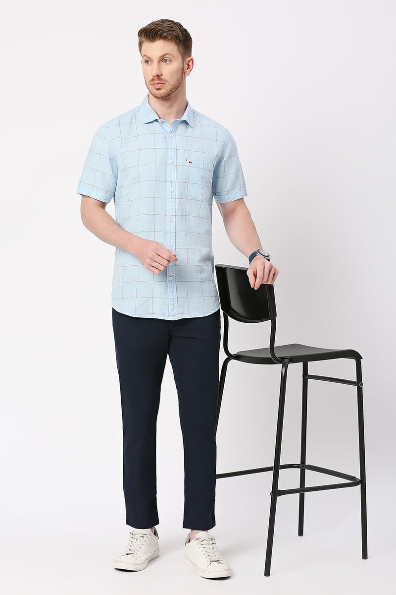 Slim Fit Cotton Linen Checks Halfsleeves Shirt