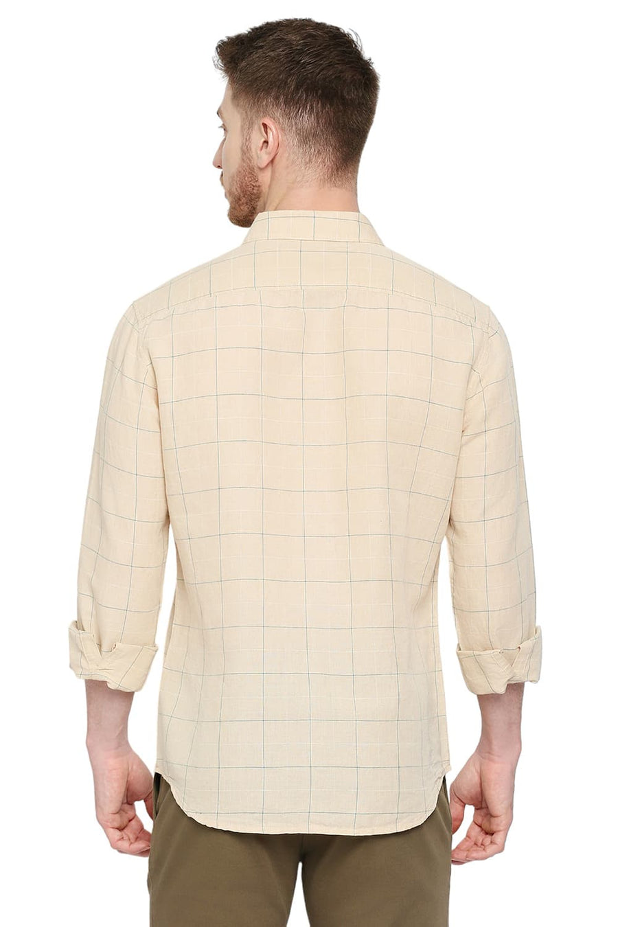 BASICS SLIM FIT SESAME BEIGE COTTON LINEN CHECKS SHIRT
