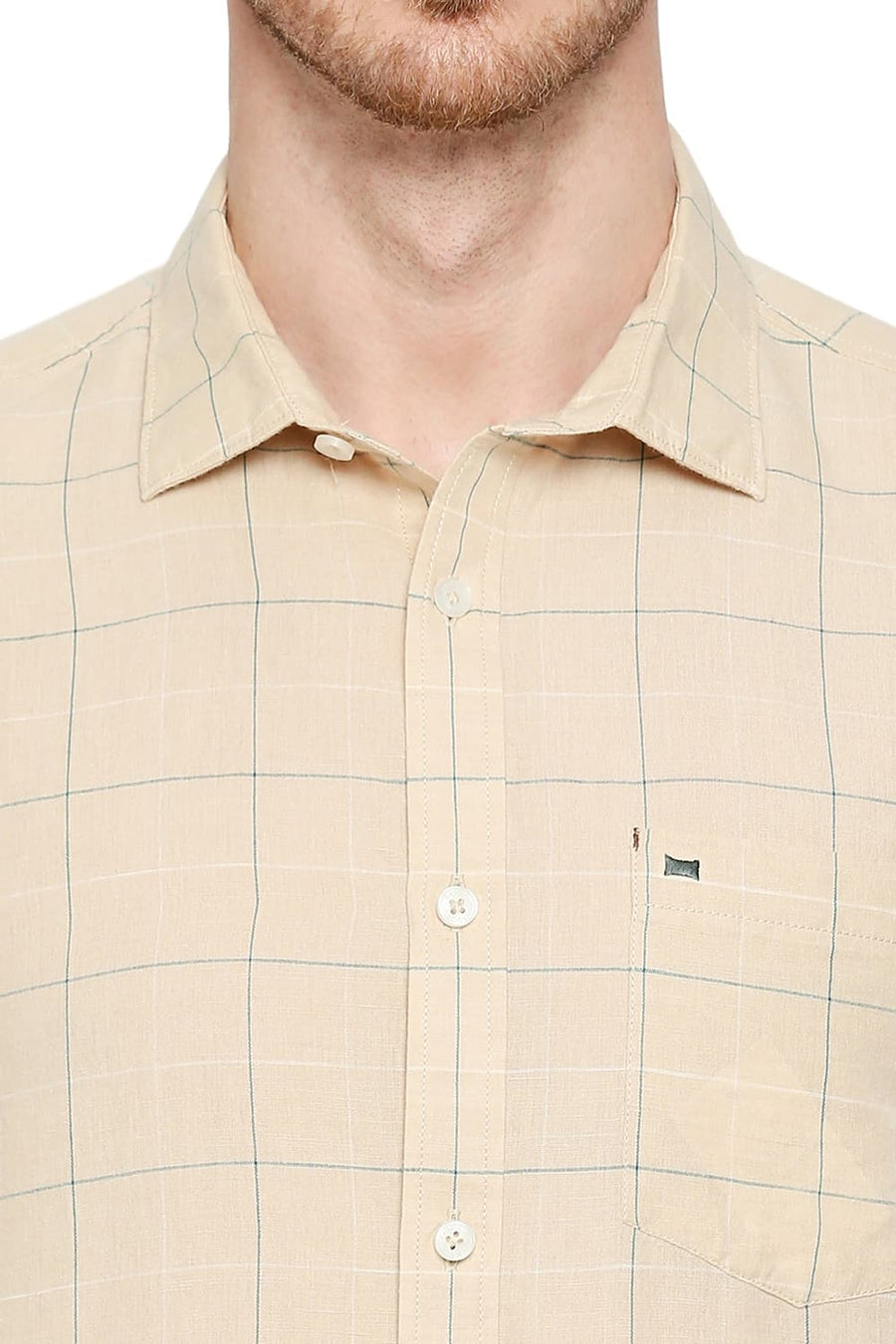 BASICS SLIM FIT SESAME BEIGE COTTON LINEN CHECKS SHIRT