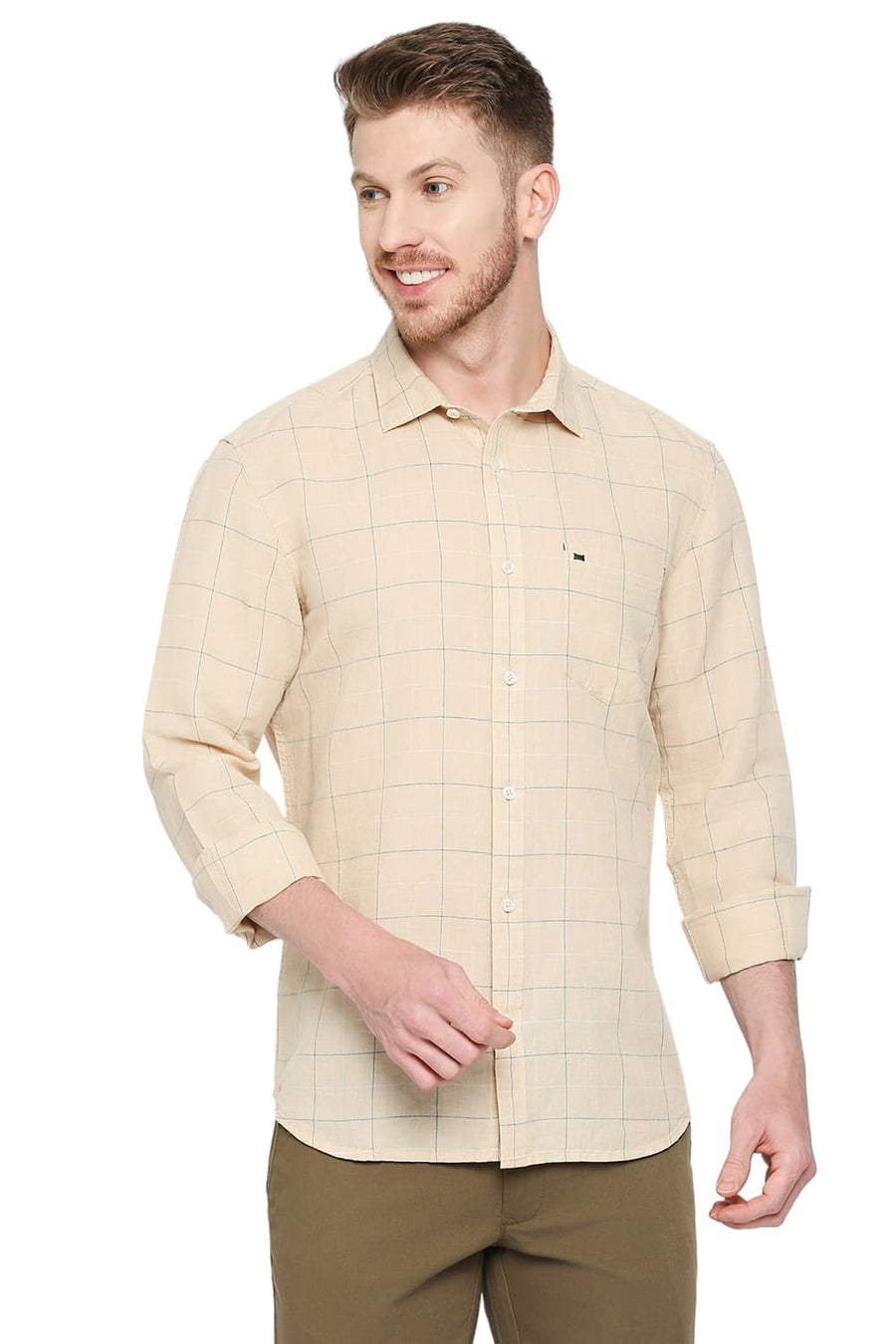 BASICS SLIM FIT SESAME BEIGE COTTON LINEN CHECKS SHIRT