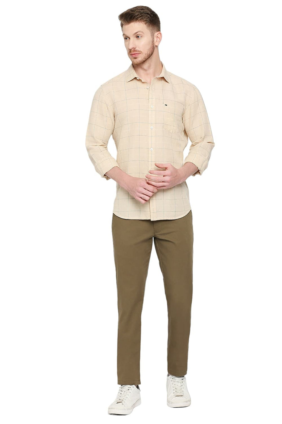 BASICS SLIM FIT SESAME BEIGE COTTON LINEN CHECKS SHIRT