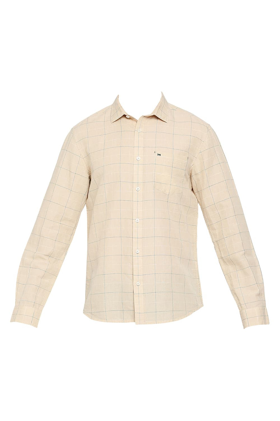 BASICS SLIM FIT SESAME BEIGE COTTON LINEN CHECKS SHIRT