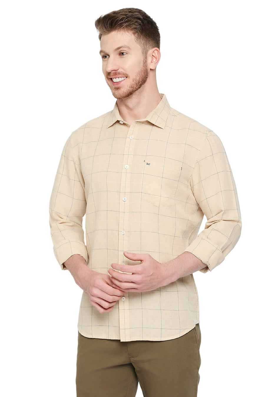 BASICS SLIM FIT SESAME BEIGE COTTON LINEN CHECKS SHIRT