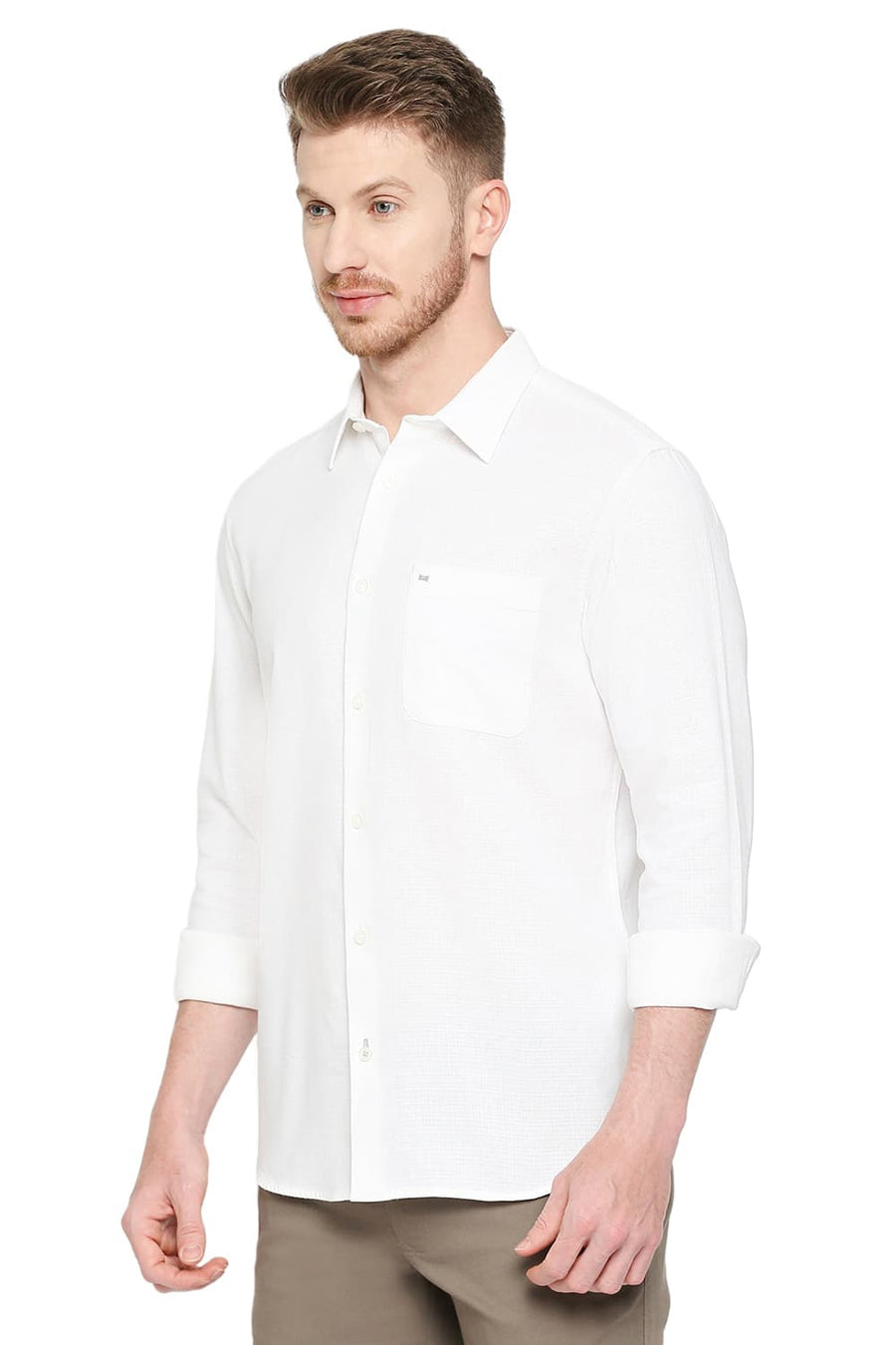 BASICS SLIM FIT SUGAR DRIZZLE WHITE COTTON HOPSACK DOBBY SHIRT