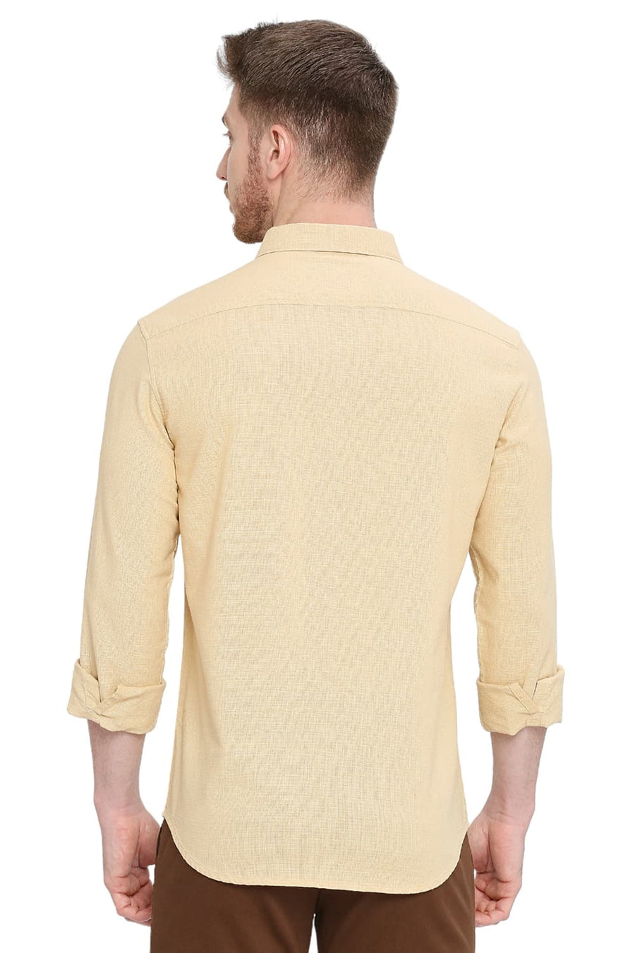 BASICS SLIM FIT ITALIAN STRAW BEIGE COTTON HOPSACK DOBBY SHIRT