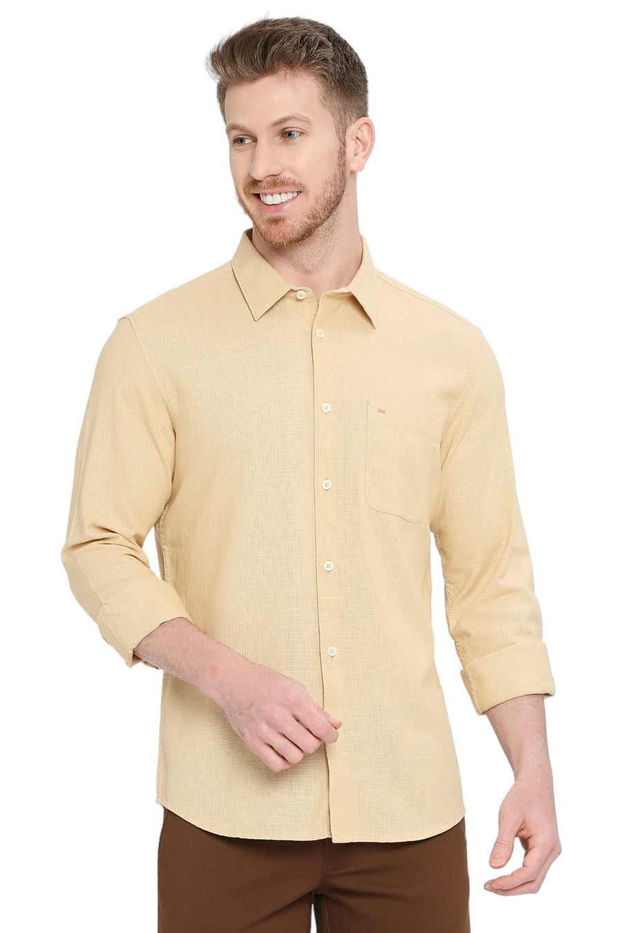 BASICS SLIM FIT ITALIAN STRAW BEIGE COTTON HOPSACK DOBBY SHIRT