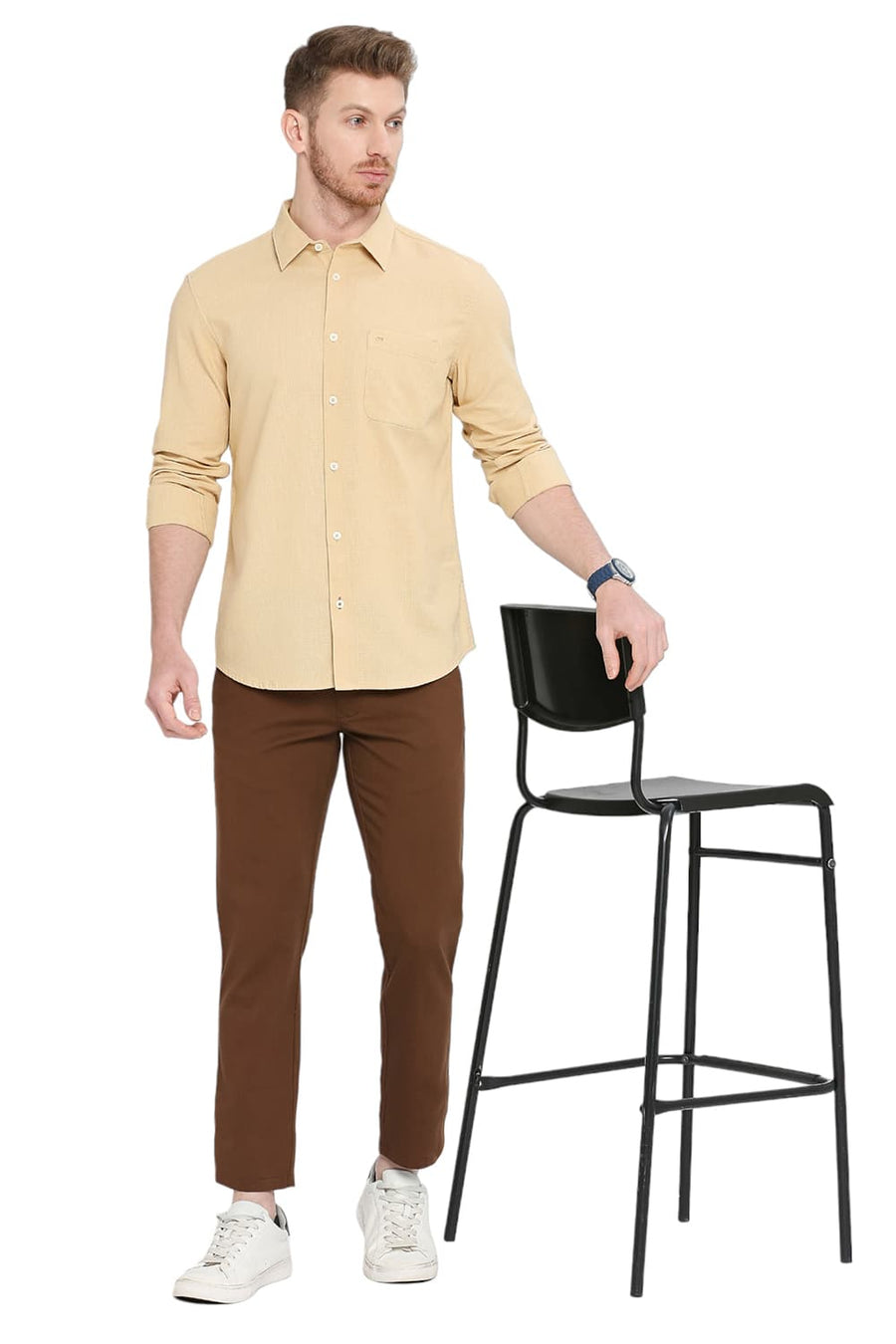 BASICS SLIM FIT ITALIAN STRAW BEIGE COTTON HOPSACK DOBBY SHIRT