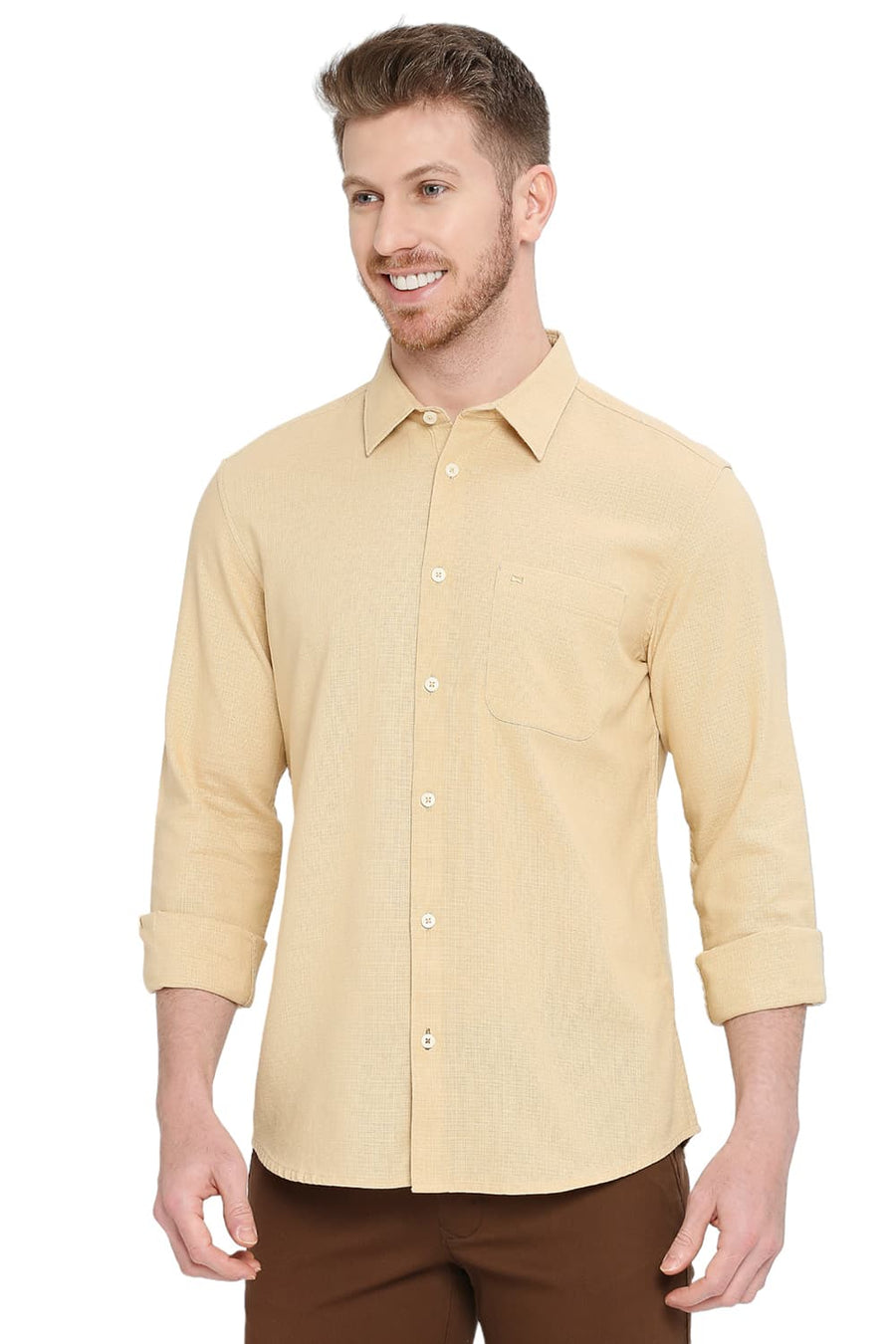 BASICS SLIM FIT ITALIAN STRAW BEIGE COTTON HOPSACK DOBBY SHIRT