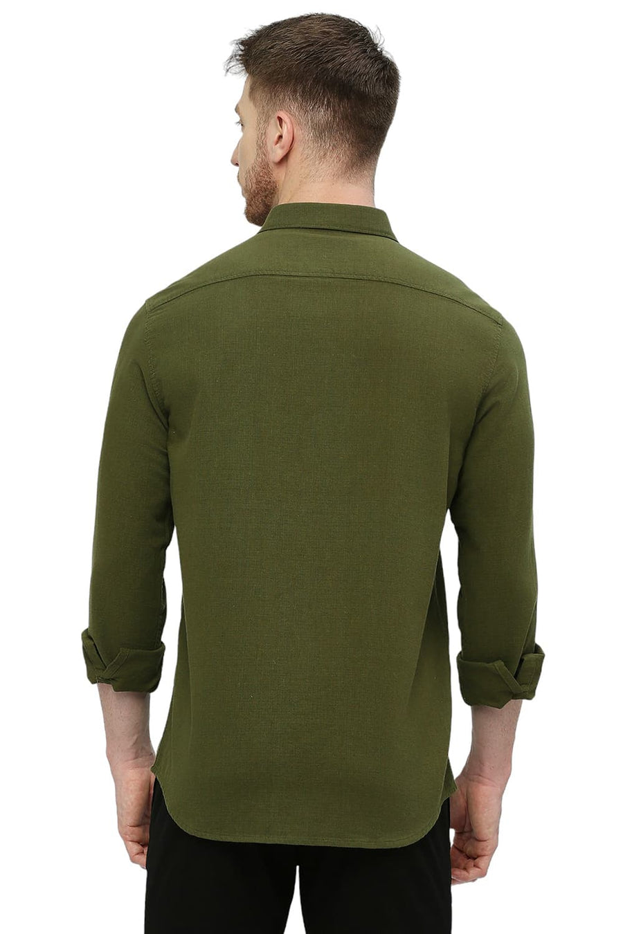 BASICS SLIM FIT CHIVE GREEN COTTON HOPSACK DOBBY SHIRT
