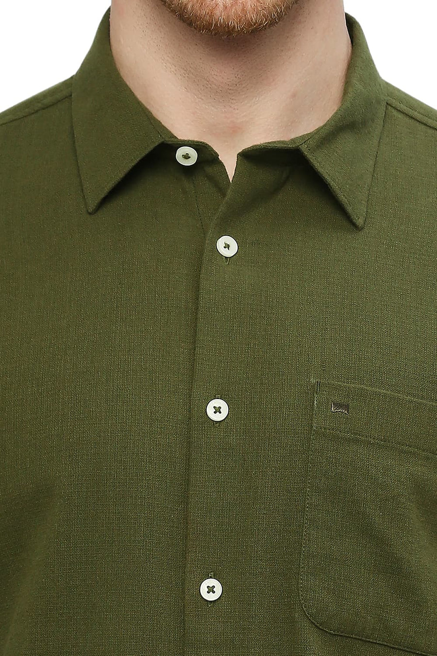 BASICS SLIM FIT CHIVE GREEN COTTON HOPSACK DOBBY SHIRT