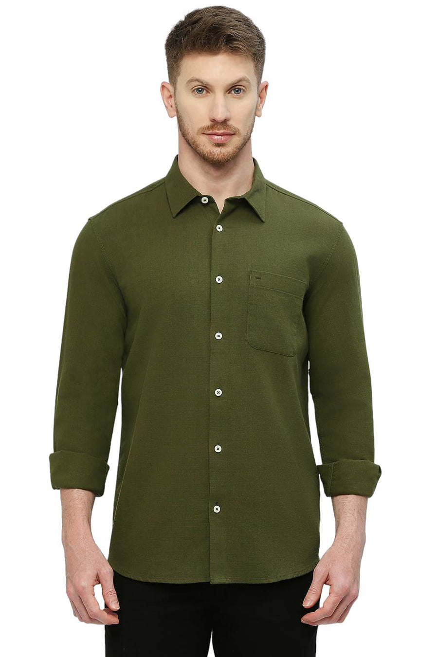 BASICS SLIM FIT CHIVE GREEN COTTON HOPSACK DOBBY SHIRT