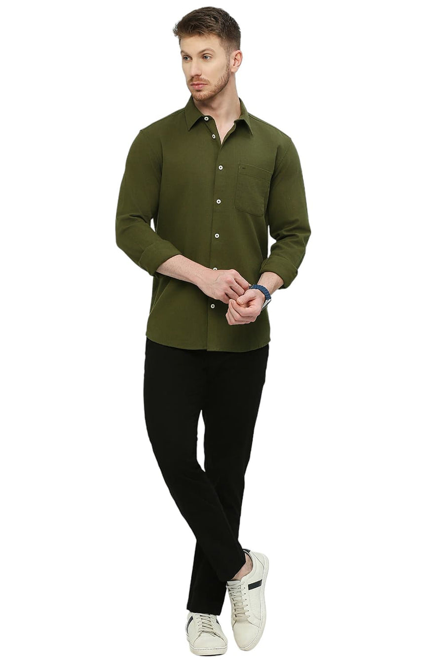 BASICS SLIM FIT CHIVE GREEN COTTON HOPSACK DOBBY SHIRT