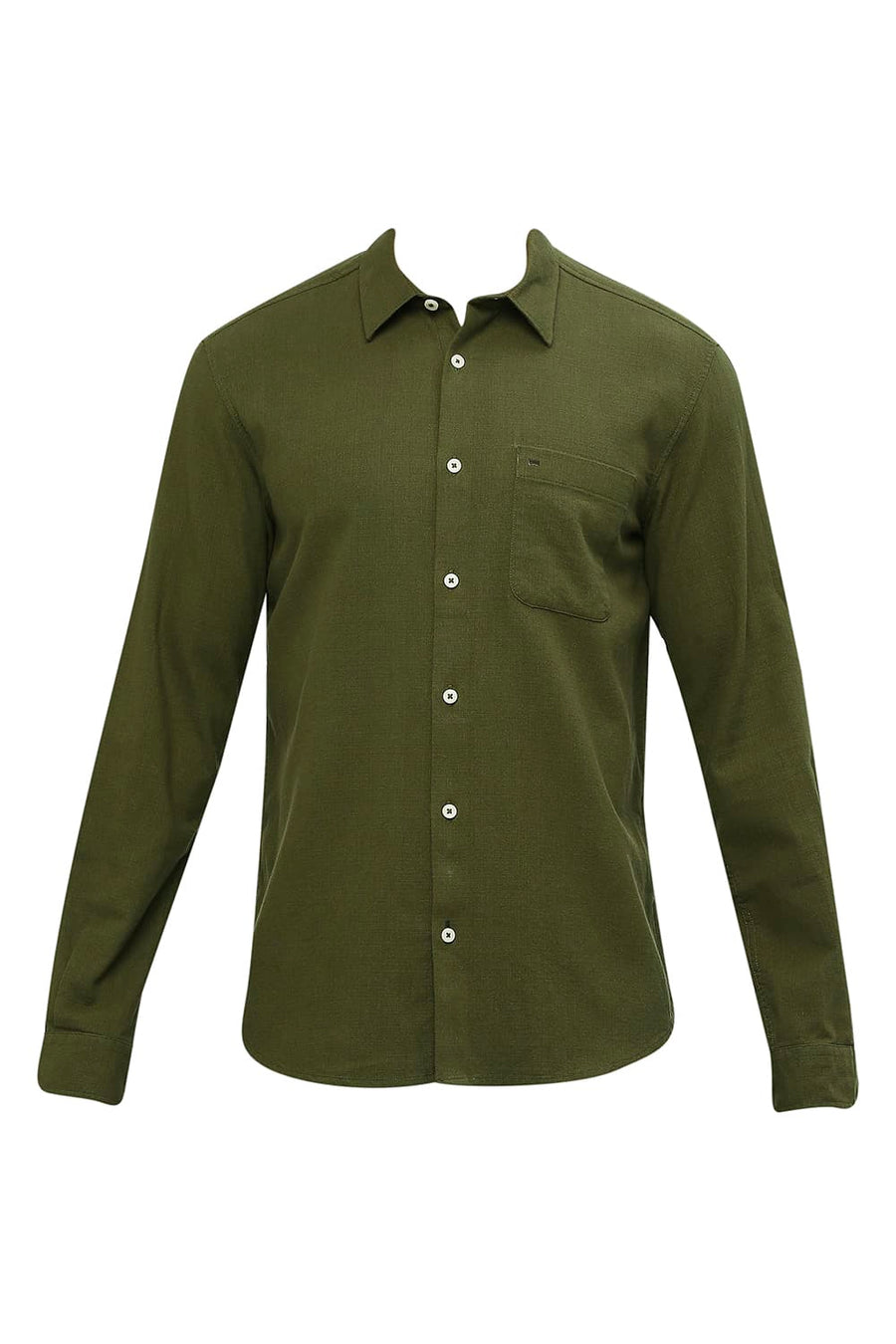 BASICS SLIM FIT CHIVE GREEN COTTON HOPSACK DOBBY SHIRT