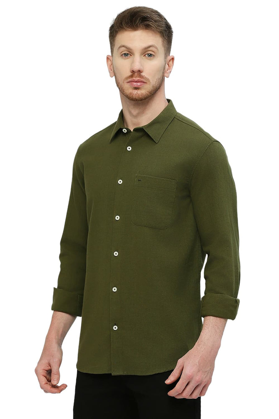 BASICS SLIM FIT CHIVE GREEN COTTON HOPSACK DOBBY SHIRT