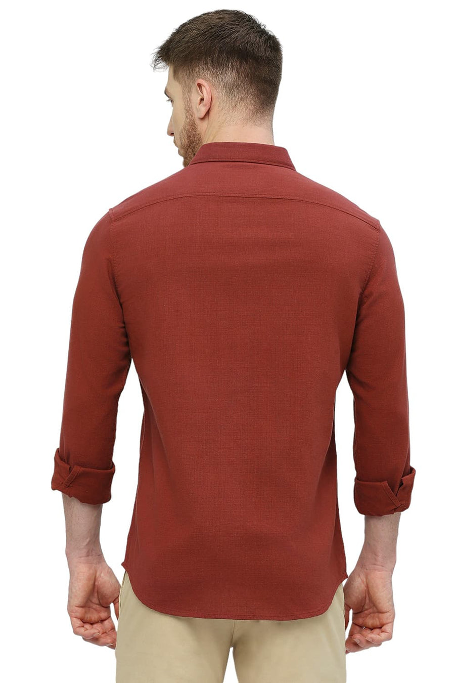 BASICS SLIM FIT MERLOT RED COTTON HOPSACK DOBBY SHIRT