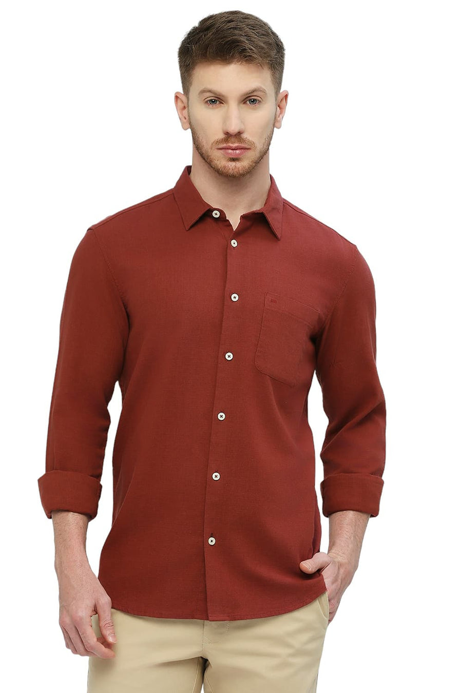 BASICS SLIM FIT MERLOT RED COTTON HOPSACK DOBBY SHIRT