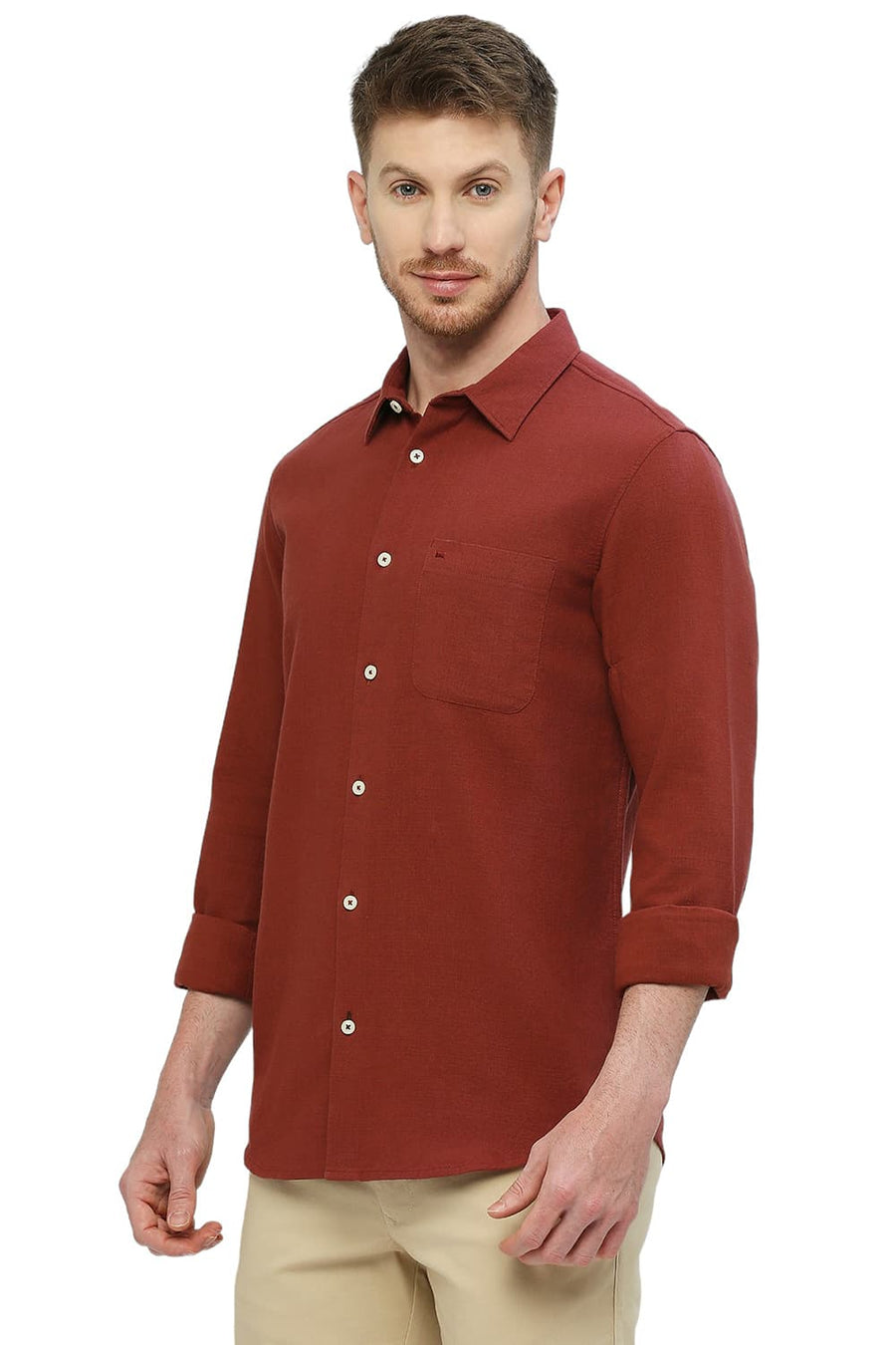 BASICS SLIM FIT MERLOT RED COTTON HOPSACK DOBBY SHIRT