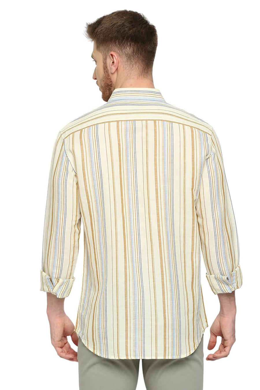 BASICS SLIM FIT BUTTER CUP YELLOW COTTON LINEN STRIPE SHIRT