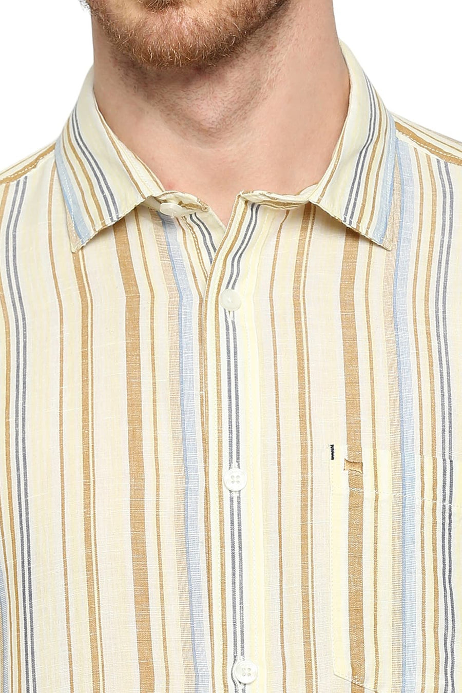 BASICS SLIM FIT BUTTER CUP YELLOW COTTON LINEN STRIPE SHIRT