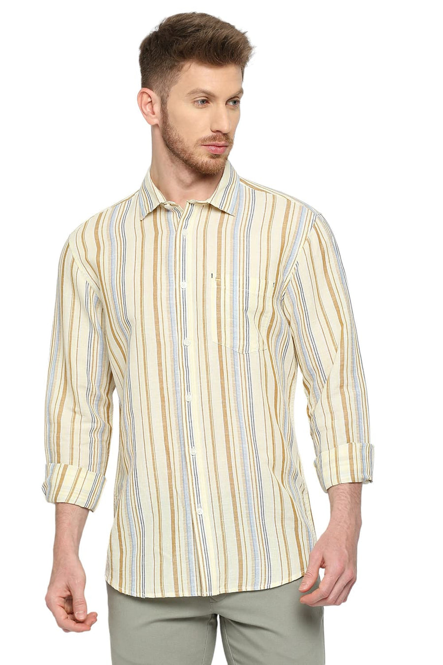 BASICS SLIM FIT BUTTER CUP YELLOW COTTON LINEN STRIPE SHIRT