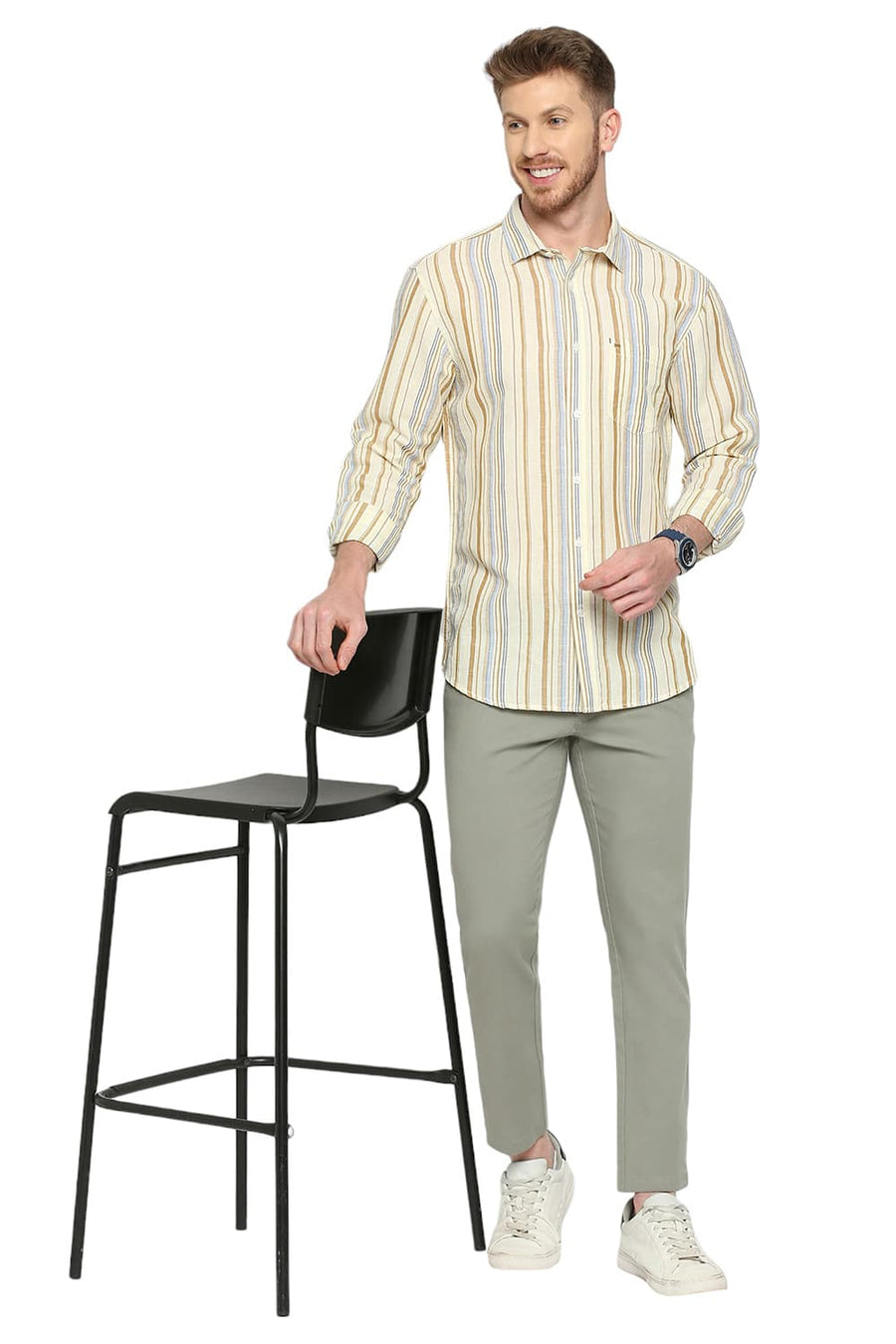 BASICS SLIM FIT BUTTER CUP YELLOW COTTON LINEN STRIPE SHIRT
